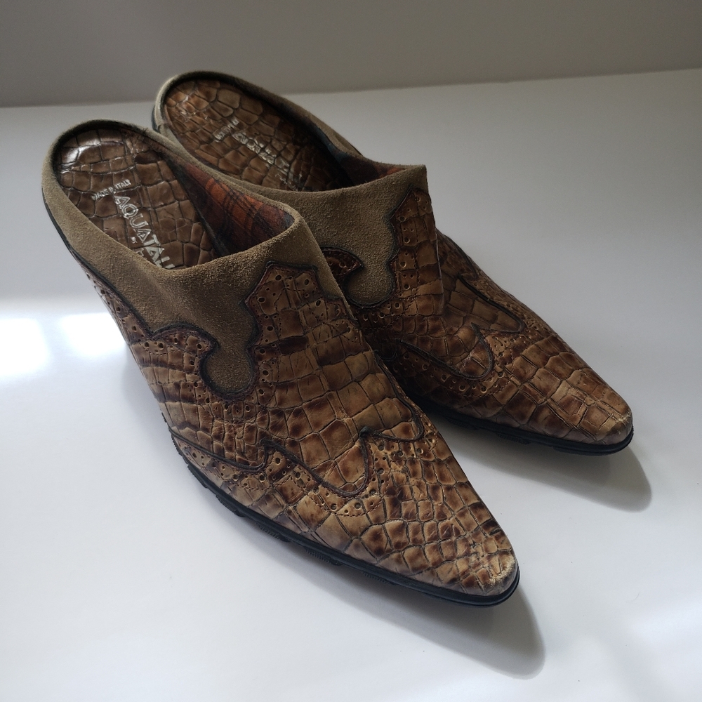 Aquatalia Brown Croc-Embossed Mules
